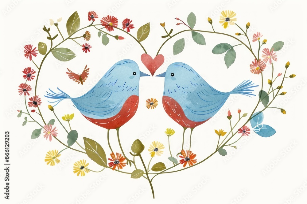 Two Cartoon Birds in Love Among Blossoming Branches - A Symbol of Romance and Unity - Generative ai Two Cartoon Birds in Love Among Blossoming Branches - A Symbol of Romance and Unity - Generative ai