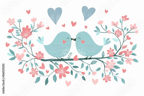 Two Cartoon Birds in Love Among Blossoming Branches - A Symbol of Romance and Unity - Generative ai