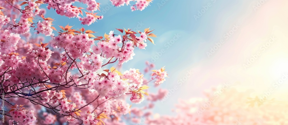 Close-up image of a sakura tree in full bloom with pink flowers in a ...