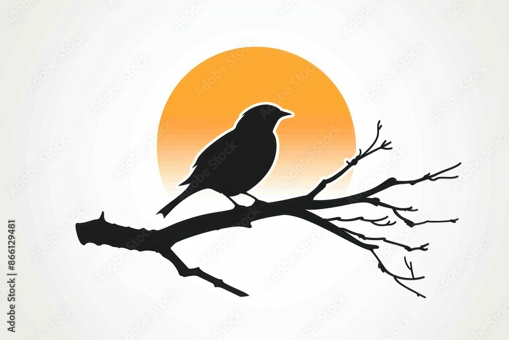 Fototapeta premium Tranquil Bird Silhouette on Branch Against Vivid Sunset Background - Perfect for Decor - Generative ai