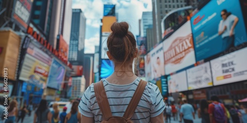 A woman standing in Times Square, looking up at billboards on buildings. The city is bustling around her with people enjoying their time in New York. Travel, solo female travel concept.