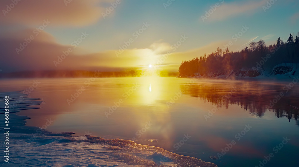 Sun is rising above horizon over frozen river with steam fog and forest - tranquil winter landscape Sun is rising above horizon over frozen river with steam fog and forest - tranquil winter landscape