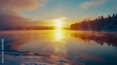 Wallpaper Mural Sun is rising above horizon over frozen river with steam fog and forest - tranquil winter landscape Torontodigital.ca