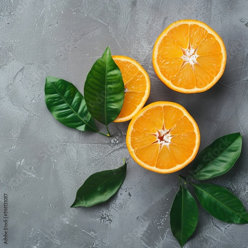 Orange with cut in half and green leaves isolated background photo