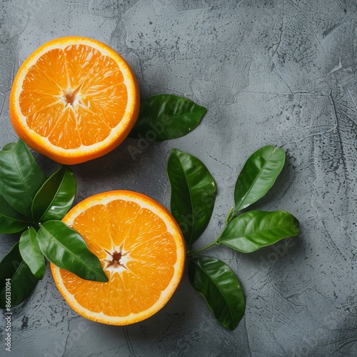 Orange with cut in half and green leaves isolated background photo