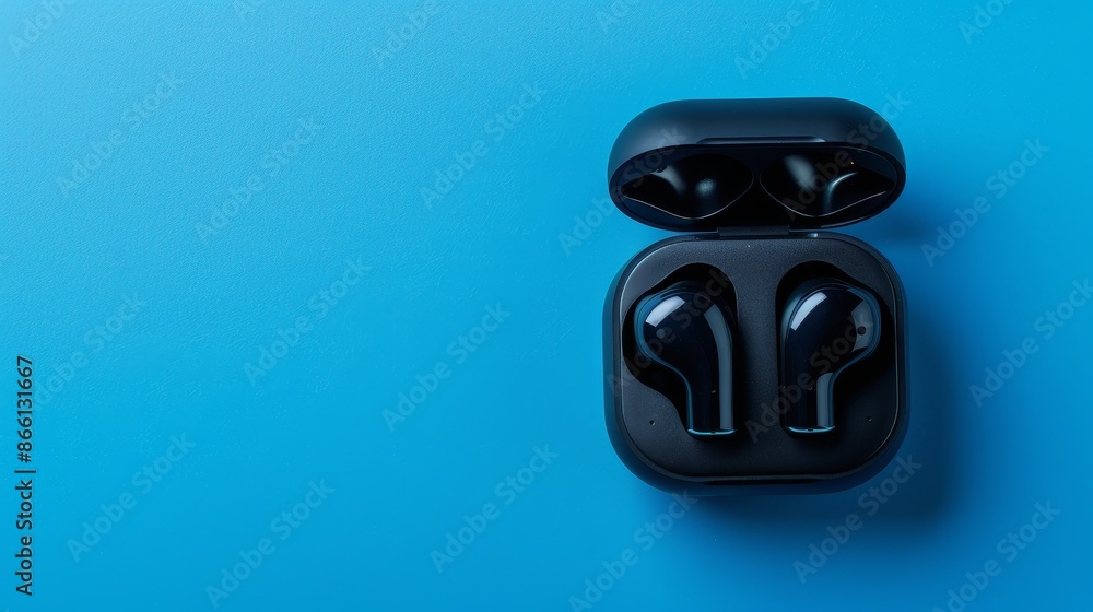 Wireless headphones with charging case, pictured with empty space on the right to allow for additional text or imagery. Wireless headphones with charging case, pictured with empty space on the right to allow for additional text or imagery.