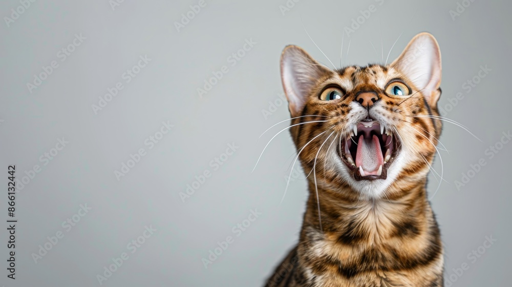 A playful Bengal cat sitting energetically in a modern studio, looking at the camera with an excited and friendly face, with a neutral background and ample copy space A playful Bengal cat sitting energetically in a modern studio, looking at the camera with an excited and friendly face, with a neutral background and ample copy space