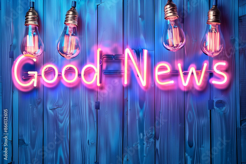 Good news neon yellow pink sign glowing on light blue wall background - marketing business announcement