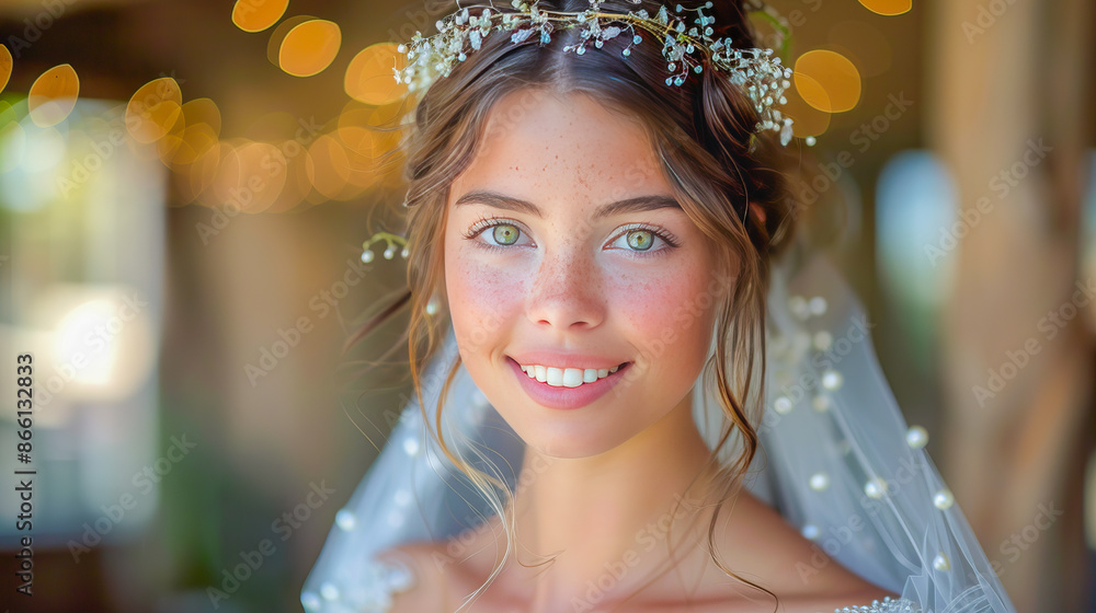 Beautiful young bride smiling and wearing a flower crown Beautiful young bride smiling and wearing a flower crown