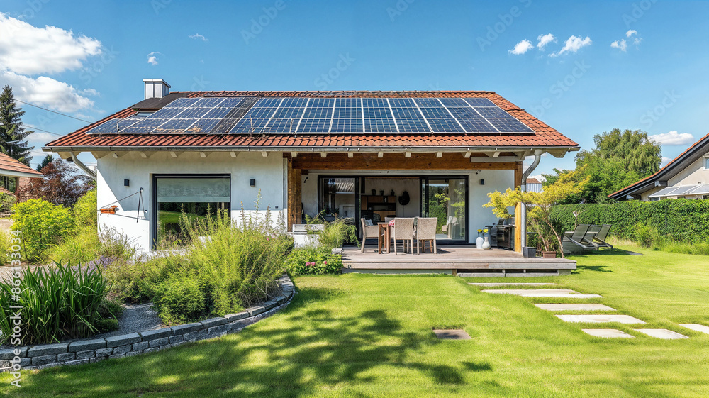 A modern house featuring solar panels on the roof and a beautiful, well-maintained garden with green grass and various plants showcasing a sustainable lifestyle. A modern house featuring solar panels on the roof and a beautiful, well-maintained garden with green grass and various plants showcasing a sustainable lifestyle.