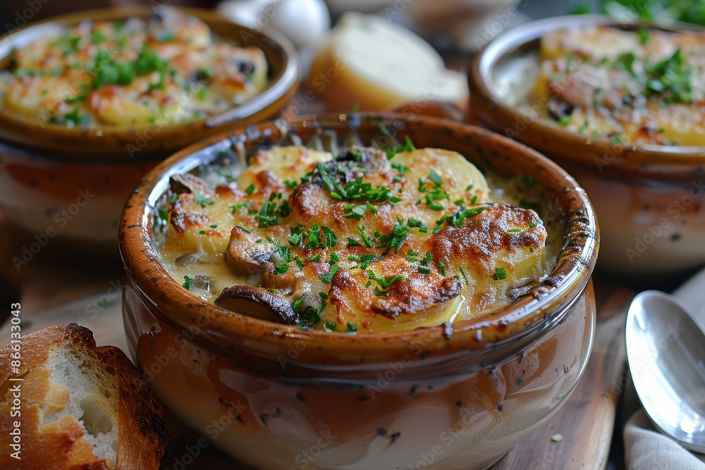 A bowl of mushroom julienne, a creamy mushroom and cheese casserole, served in a small ceramic pot. A bowl of mushroom julienne, a creamy mushroom and cheese casserole, served in a small ceramic pot.
