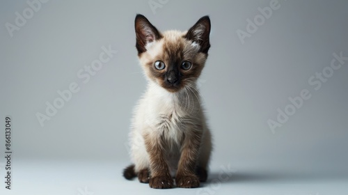 A playful Wichienmaat (Traditional Siamese) kitten sitting in a bright studio, its fur glowing in the light as it looks at the camera with a mischievous expression, against a clean backdrop with © Nicky