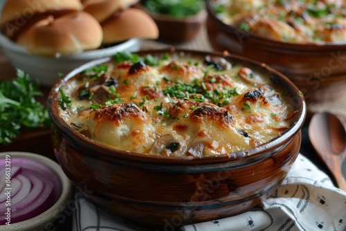 A bowl of mushroom julienne, a creamy mushroom and cheese casserole, served in a small ceramic pot.