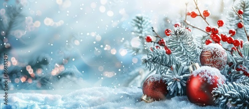 Celebrate the festive season with a charming winter landscape complete with snow and beautiful decorations against a copy space image.