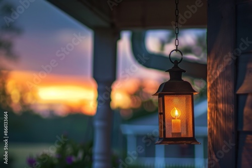 A lantern hanging from a porch beam, with a softly blurred background of a warm, inviting porch and evening sky.