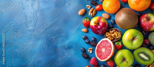 Assorted fresh fruits and nuts displayed on a blue backdrop with copy space image.