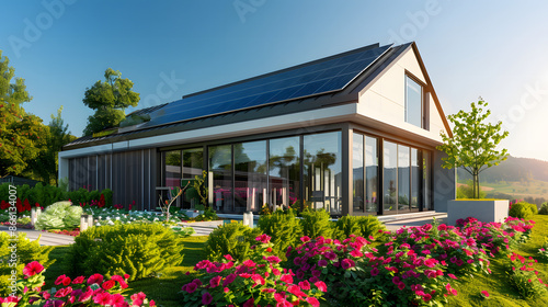 Sleek, modern home with large windows and minimalist architecture, featuring solar panels installed on its flat roof.