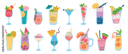 Vector illustration set of lemonade, cocktails, mocktails with various flavors for parties, summer drinks with watermelon, strawberry, iced beverages with cucumber and mango. Cute colorful flat design