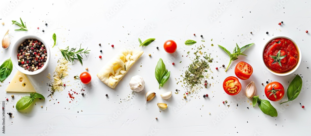 Fresh ingredients for making pizza on a white background with copy space image. Fresh ingredients for making pizza on a white background with copy space image.