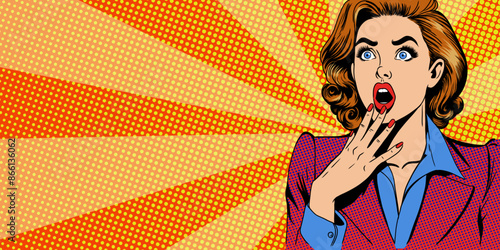 Business woman with red hair and open mouth on yellow background in comic pop art style. Comic girl with surprised face. Wow, pop art face. Vector Banner template with copy space for text