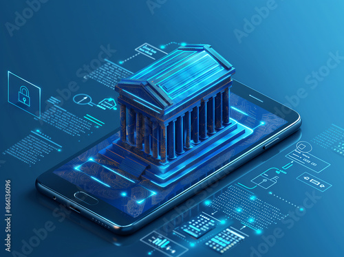 Isometric of bank building on smartphone and connection circuit for internet banking and virtual financial technology concept.