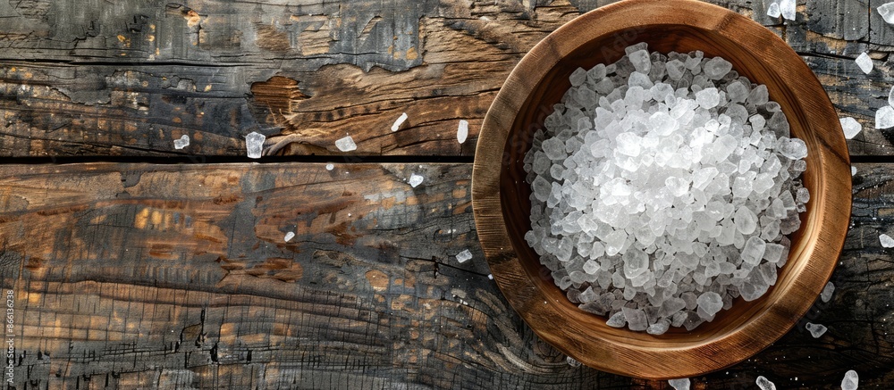 Top view of rustic salt crystals in a wooden bowl, set on a wooden backdrop, ideal for a copy space image. Top view of rustic salt crystals in a wooden bowl, set on a wooden backdrop, ideal for a copy space image.