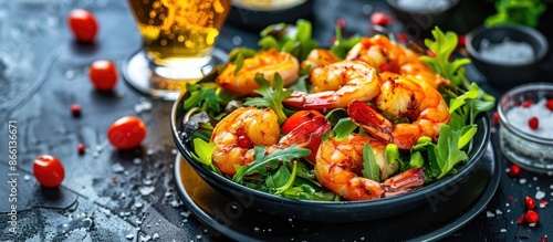 Dark background showcases image of light beer, salad with Argentine red shrimp. Suitable for adding text, copy space image.
