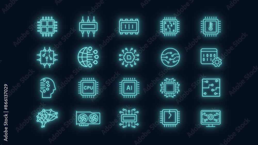 Microcircuits neon animation set. Electronical components animated ...