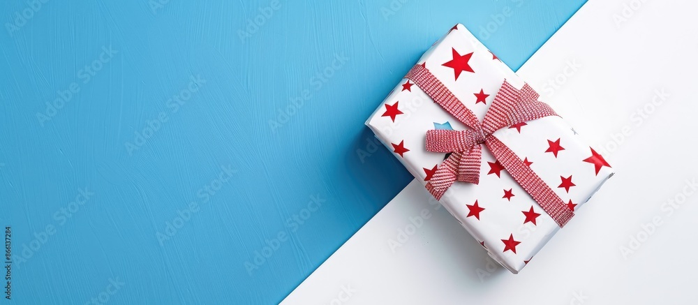 A sizable gift wrapped in white with red stars rests on a white and blue background, offering prominent copy space in a horizontal image. A sizable gift wrapped in white with red stars rests on a white and blue background, offering prominent copy space in a horizontal image.