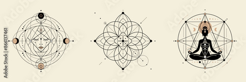 Set sacred geometry logo. Black line art with thin line on light isolated background. Meditative Face, Floral, Meditating Figure
