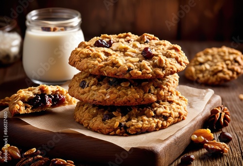 delicious homemade oatmeal cookie plump raisins wooden table, fresh, baked, sweet, snack, dessert, tasty, chewy, golden, round, rustic, traditional, kitchen photo