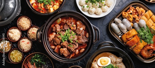 Discover diverse Taiwanese braised foods with marinated meats, veggies, tofu, and seafood  showcasing rich flavors through a captivating copy space image.