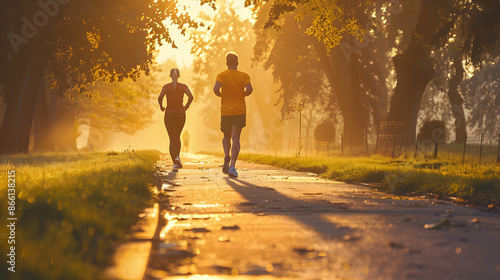 Young couple in their late twenties running side by side on a quiet suburban street. © Wira