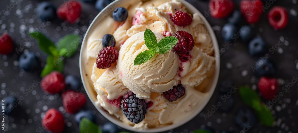 Delicious Vanilla Ice Cream with Fresh Berries and Mint Delicious Vanilla Ice Cream with Fresh Berries and Mint