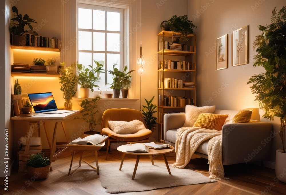 Fototapeta premium warm inviting reading corner laptop soft illumination, nook, cozy, lighting, comfortable, cushions, relaxing, ambiance, interior, design, decor, home