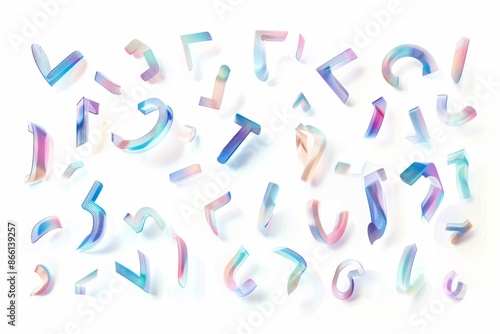 Abstract Futuristic 3D Holographic Glyphs Floating on White Backdrop.