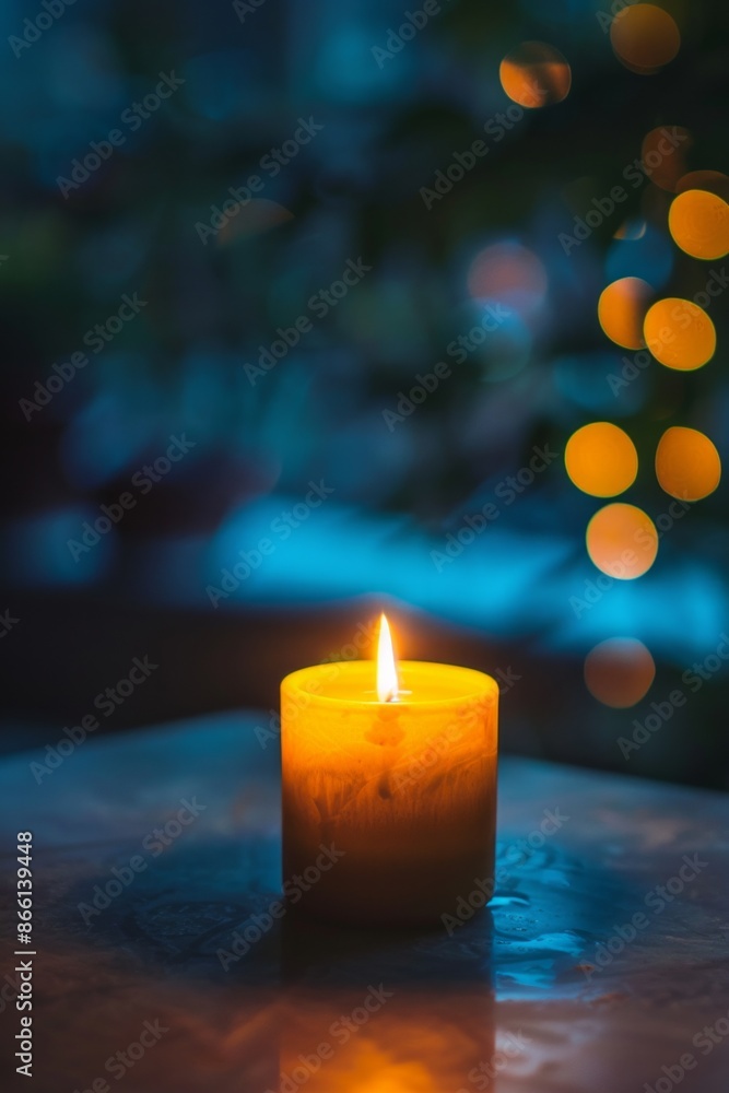 A single candle burning on a table, with a softly blurred background of a dimly lit outdoor setting. 