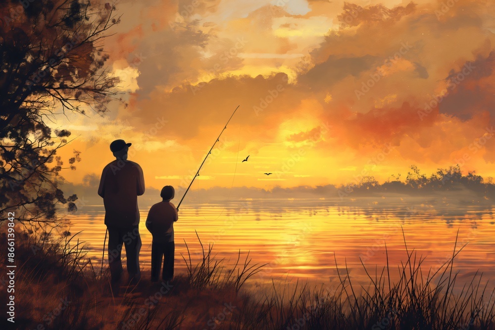 Father and son are fishing by the lake at sunset, enjoying the dramatic sky and peaceful moment together Father and son are fishing by the lake at sunset, enjoying the dramatic sky and peaceful moment together