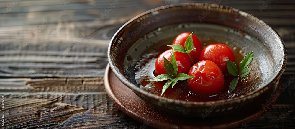 Part of Japanese cuisine, traditional pickled Plum Umeboshi provides a colorful addition to dishes, presenting well in a copy space image. Part of Japanese cuisine, traditional pickled Plum Umeboshi provides a colorful addition to dishes, presenting well in a copy space image.