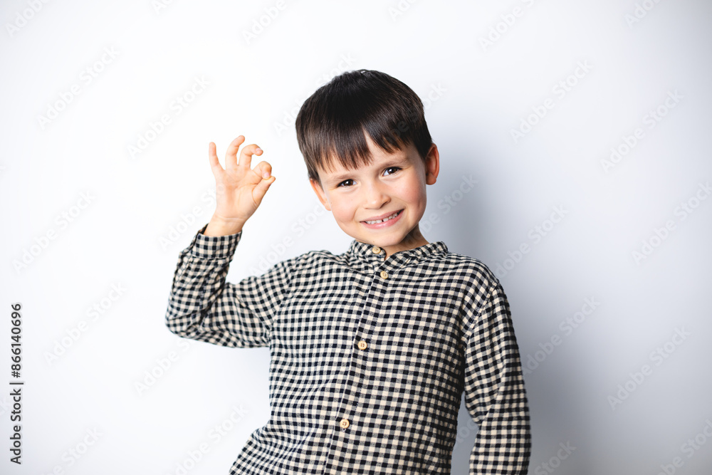 Frolic cheerful brunette kid boy in shirt shows OK sign, all right sign over white background. Frolic cheerful brunette kid boy in shirt shows OK sign, all right sign over white background.