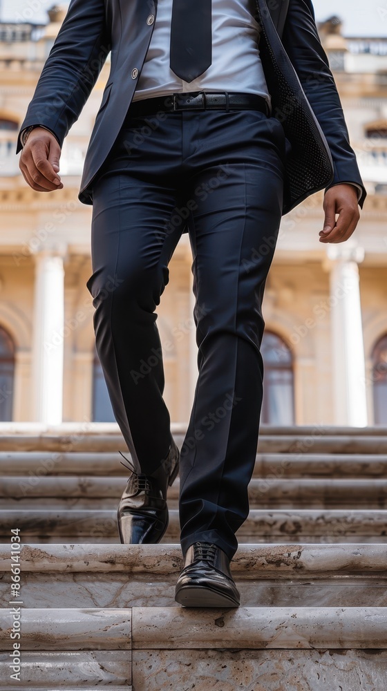 A man in a suit walks up stone steps A man in a suit walks up stone steps