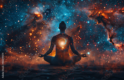 A psychedelic cosmic image symbolizing spiritual illumination and enlightenment. It depicts a silhouette of an individual meditating, with glowing light emanating from their chest