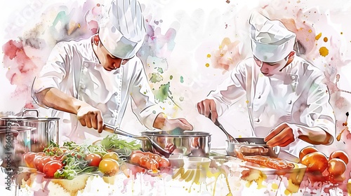 Fototapeta Naklejka Na Ścianę i Meble -  Culinary Transformation: Watercolor Illustration of Ingredients Becoming a Gourmet Dish in a Vibrant Kitchen