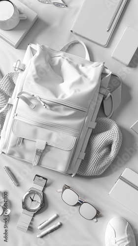 A 3D white backpack with contemporary student gear such as a smartwatch, textbooks, and stationery, displayed on a clean, light grey background with text space. photo