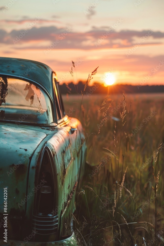 Fototapeta premium A vintage car parked in a field, with a softly blurred background of tall grass and a setting sun. 
