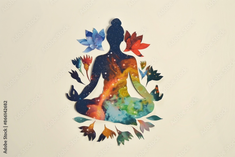 Silhouette woman doing meditation painting animal plant. Silhouette woman doing meditation painting animal plant.