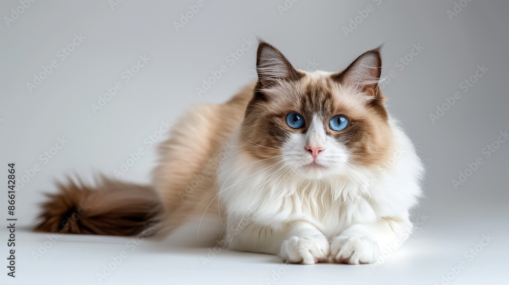 A Ragdoll cat lying down in a spacious studio, looking directly at the camera with a relaxed and friendly demeanor, with a neutral backdrop and ample copy space A Ragdoll cat lying down in a spacious studio, looking directly at the camera with a relaxed and friendly demeanor, with a neutral backdrop and ample copy space