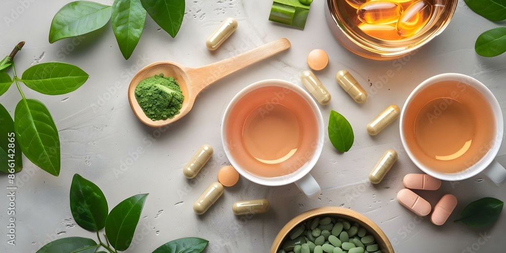 Natural Dietary Supplements Featuring Ingredients like Clay and Green Tea on a Neutral Background. Concept Dietary Supplements, Clay, Green Tea, Natural Ingredients, Neutral Background Natural Dietary Supplements Featuring Ingredients like Clay and Green Tea on a Neutral Background. Concept Dietary Supplements, Clay, Green Tea, Natural Ingredients, Neutral Background