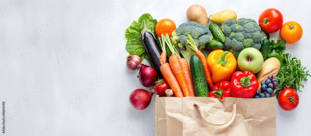 Top-down view of a selection of organic health food in a full paper bag on a white background with ample copy space image. Top-down view of a selection of organic health food in a full paper bag on a white background with ample copy space image.