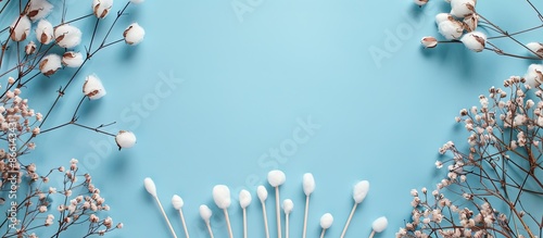 A modern, eco-friendly concept showcasing wooden cotton swabs framed in a circular layout on a blue-cyan-lilac backdrop with ample copy space image. photo